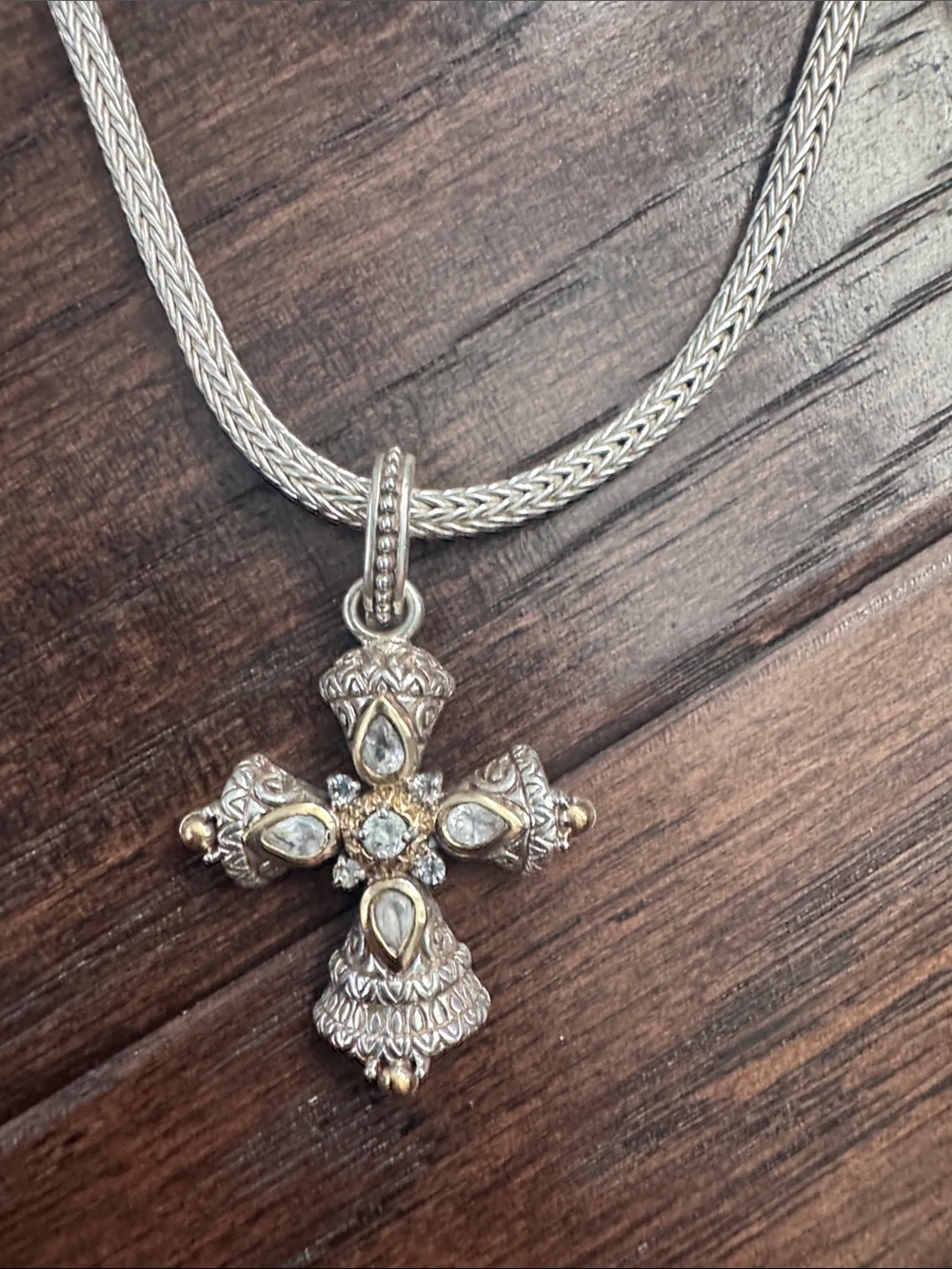 Barbara Bixby Cross Pendant Necklace Sterling Silver White Topaz 18k Gold - Picture 6 of 9